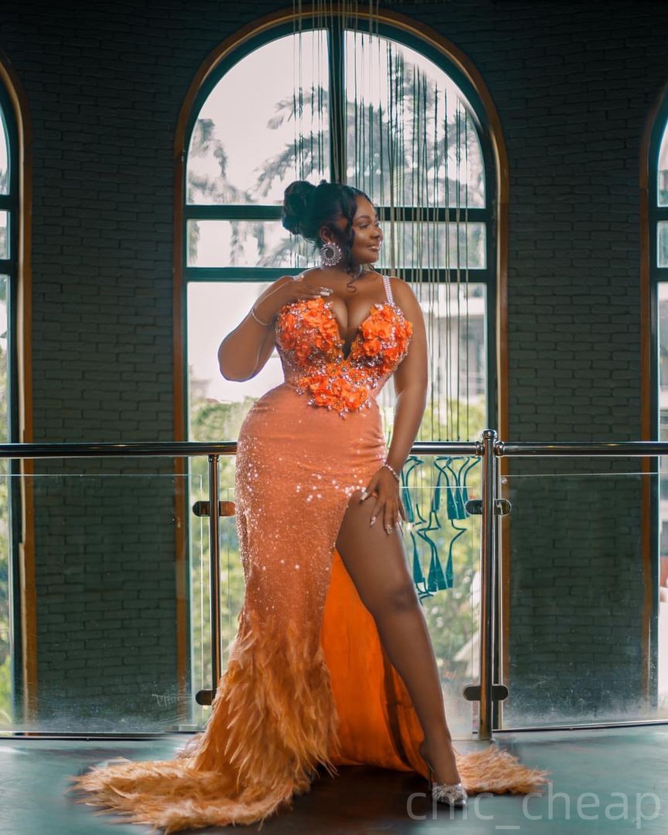 Orange Mermaid Prom Dresses 2025 Crystals Flowers Feather Sequined Evening Formal Party Second Birthday Engagement Gowns Plus Size Dress For Special O