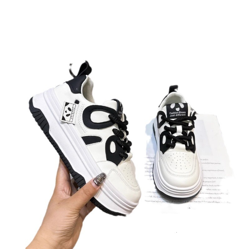 Ddmysports Cute Funny Big Head Shoes Black And White Panda Women Autumn Versatile Thick Sole Height Increasing Sports Niche Casual Sneakers Outdoor Sh