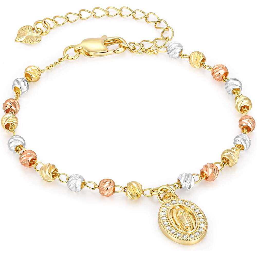 Women's Virgin Mary Bracelet - 14k Gold Plated Rosary Beads Cross Bracelets,Hypoallergenic Non Tarnish Religious Rosarios Catolicos Virgen de Gua