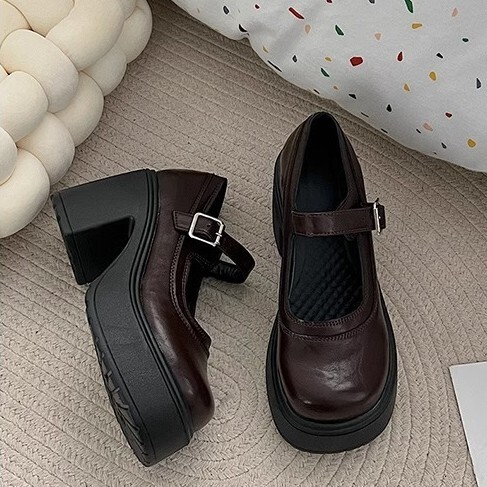 Ddmysports New Brown French Style Thick Sole Small Leather For Women Petite Height Increasing Chunky Heel Mary Jane Shallow Mouth Single Shoes Outdoor