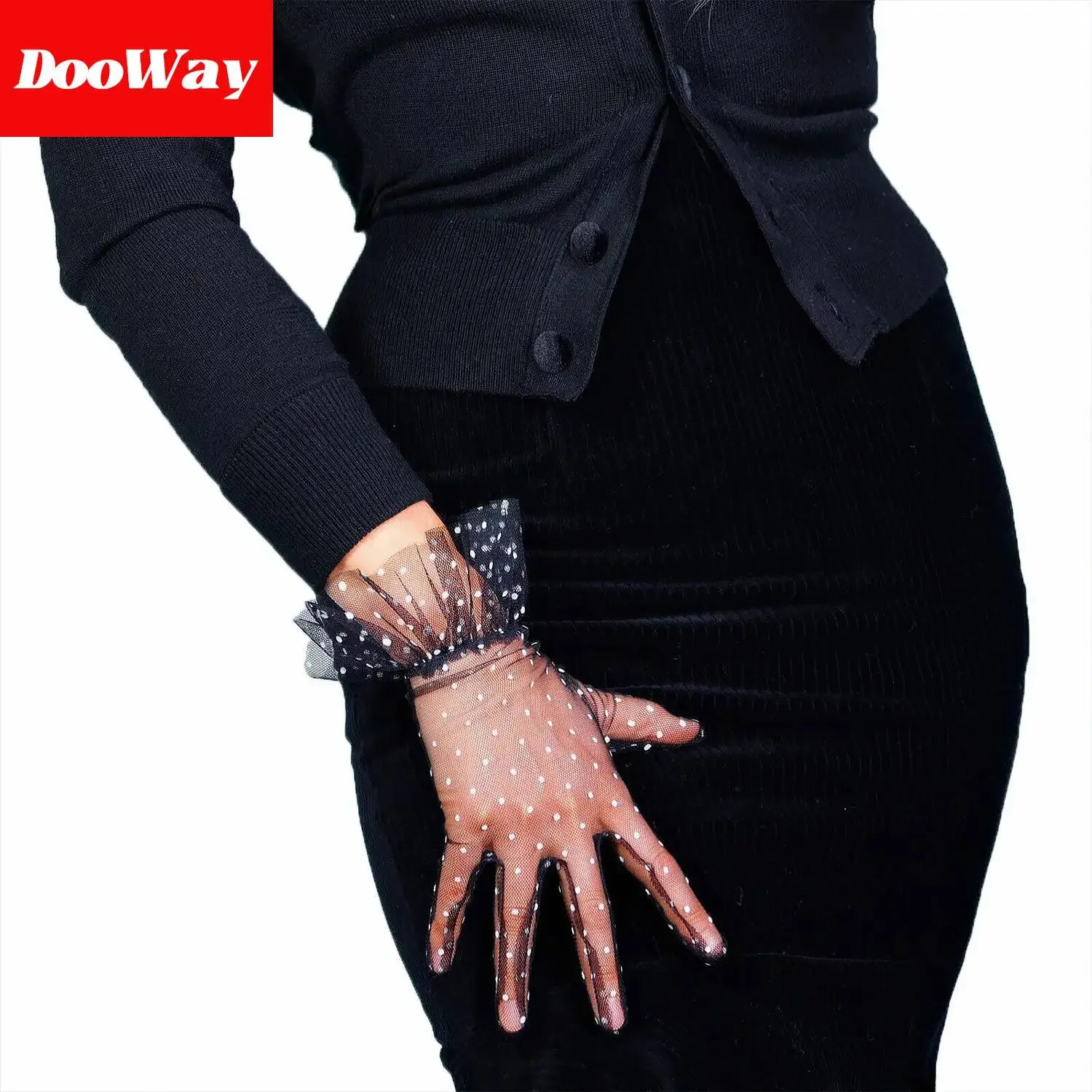 DooWay Womens Black Lace Gloves with White Dots Ruffle Trim Tulle Mesh Semi Sheer TECH Party Evening Dancing Club Wedding Glove 250610