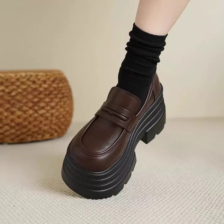 Ddmysports New Spring Summer Thick Soled Chunky Heel British Style Women S Slip On Loafers Black Leather Shoes Outdoor Shoes