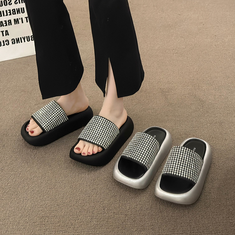 Ddmyoutdoor Platform Height Increasing One Strap Slippers For Women Summer Outdoor Rhinestone Wedge Fashion Sandals Outdoor Shoes
