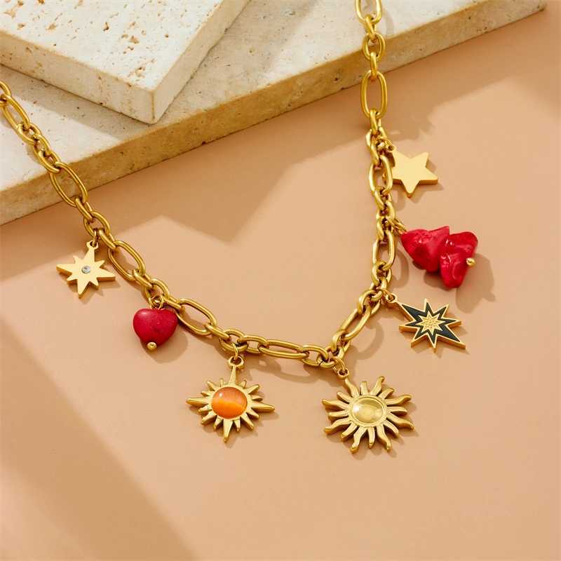 LAMENGLY 316L Stainless Steel Dopamine 5-Leaf Flower Bow Sun Heart Cherry Necklace Womens Novel Chic Neck Chain Holiday Gifts Z250614