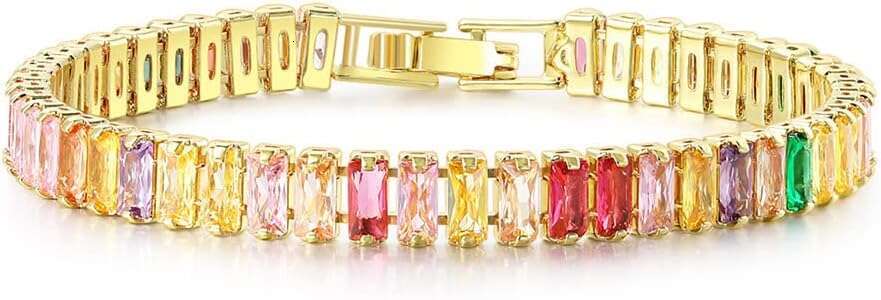 Women Tennis Bracelet, Classic Colorful Rainbow Cubic Zirconia Brass Bracelet Bridal Bridesmaids Wedding Birthday Mother's Day Jewelry Gifts Size