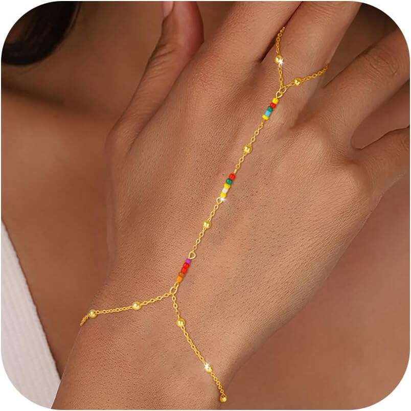 - 14K Real Plated Dainty Stackable Paperclip Link Hand Chain Bracelet Ring Gold Bracelets for Women Trendy