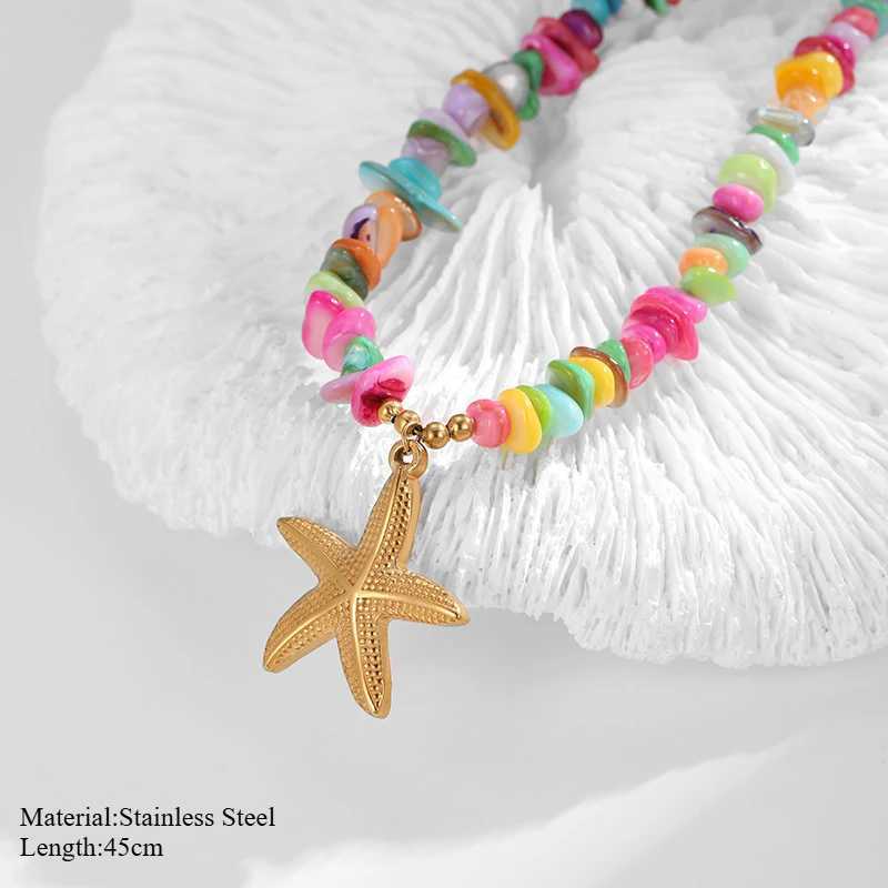 PRISCA. | Colored Stone Shell Necklace Stainless Steel Women Charm Beach Jewelry 18k Gold PVD Fashion 2025 Z250614