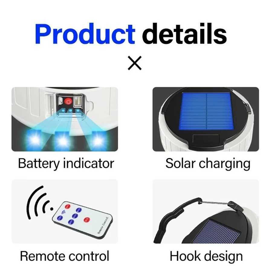 Portable LED Outdoor Solar Lights 3 Modes Rechargeable Emergency Night Market Light Home Waterproof Tent Lamp for Hiking Camping W250613