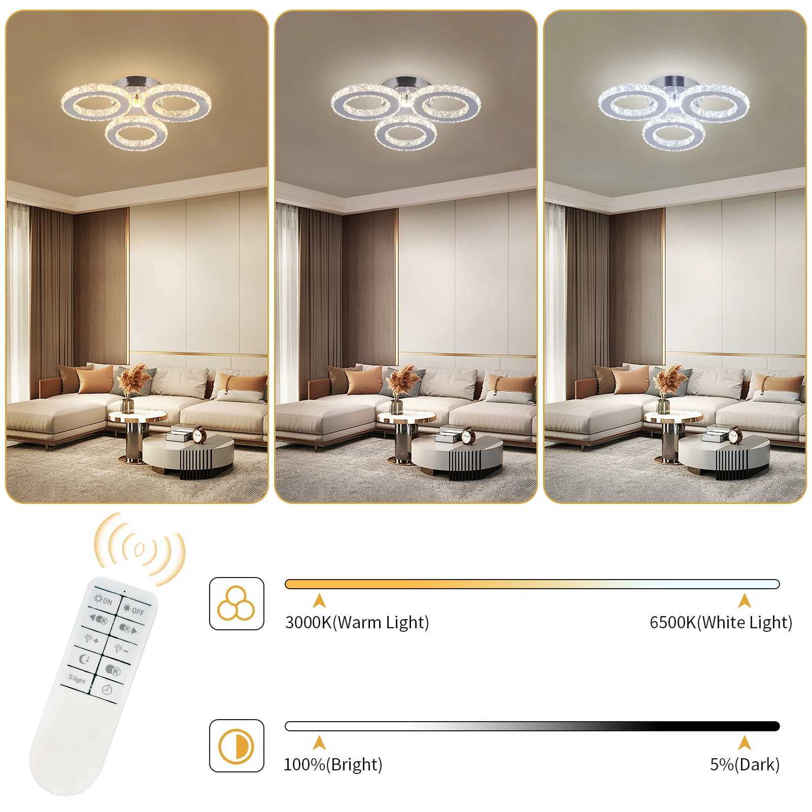 3-Circle Crystal Ceiling Light with Stepless Dimming US Plug Modern Dimmable Fixture for Living Room Bedroom Decor Lighting XJ2500613