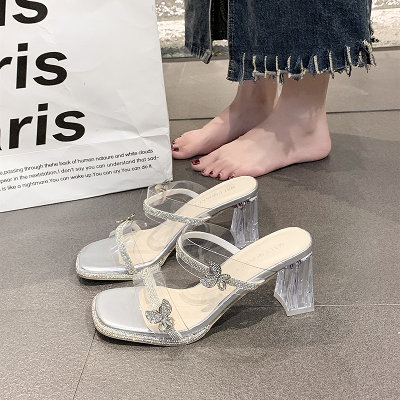 Ddmysports Fairy Style Crystal Chunky Heel For Women Outdoor Summer New Stunning Transparent Rhinestone Elegant One Strap Slippers Outdoor Shoes