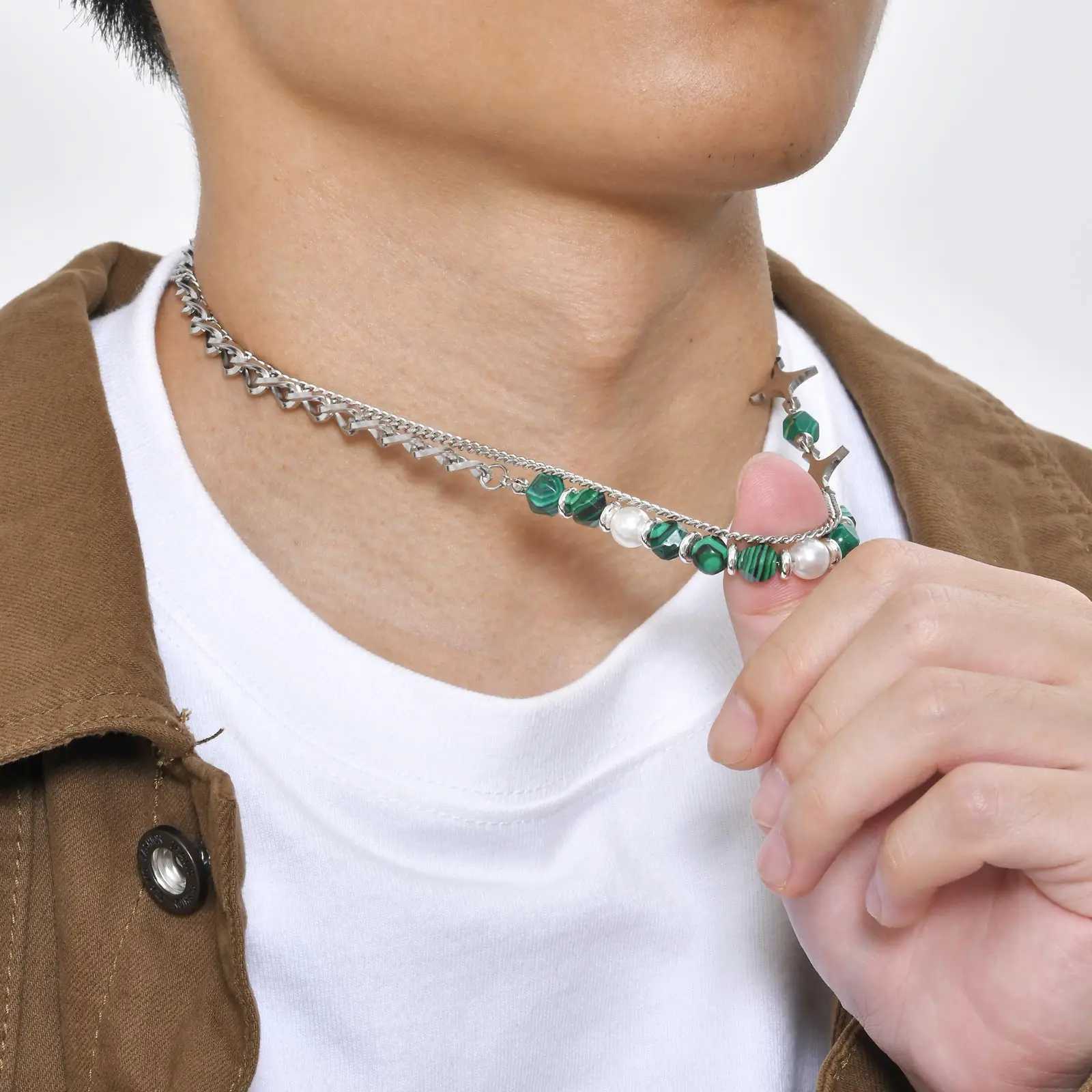 Vnox Unisex Layered Cuban Chain Necklaces Green Natural Stone Beads Chokers for Women Men Teens Simple Collar Jewelry Z250614