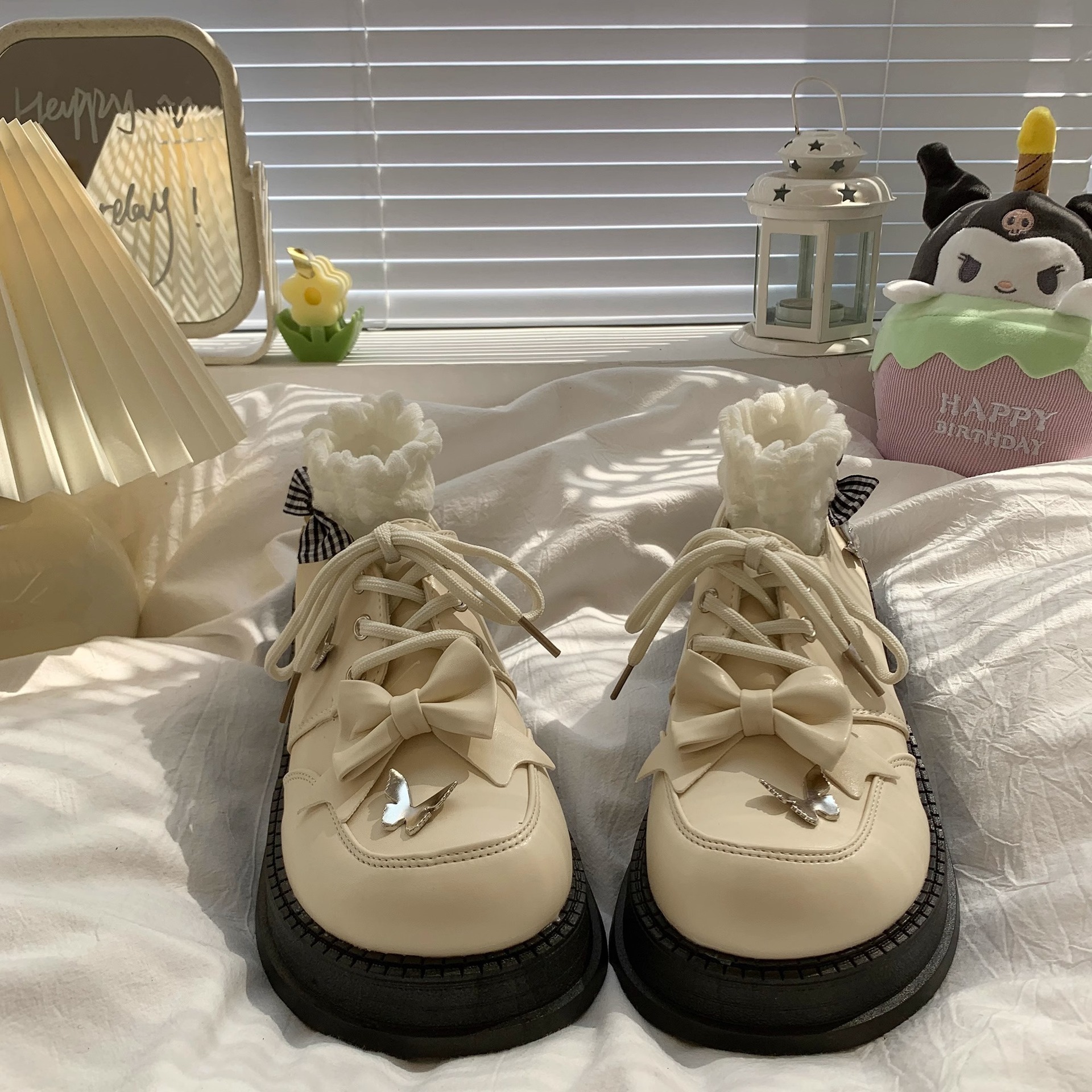 Ddmysports Thick Soled Small Leather Spring New British Style Round Toe Lace Up Bowknot Sweet Cool Mary Jane Shoes Outdoor Shoes