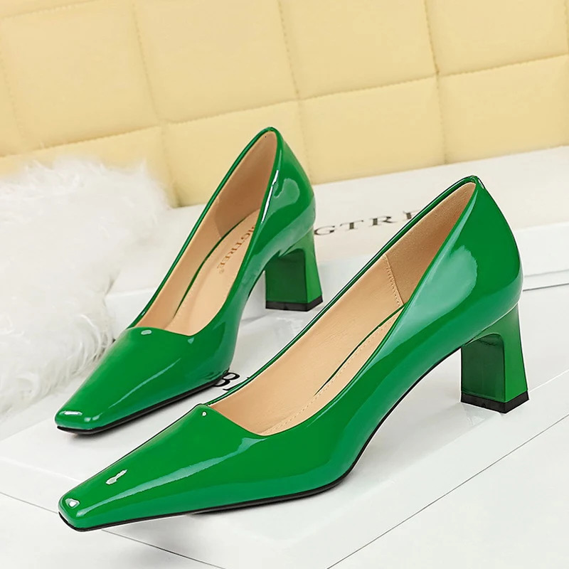 BIGTREE 2025 Spring Fashion Patent Leather Womens Pumps Square Heel Pointed Toe Party Stripper Sngle Ladies Shoes 250613