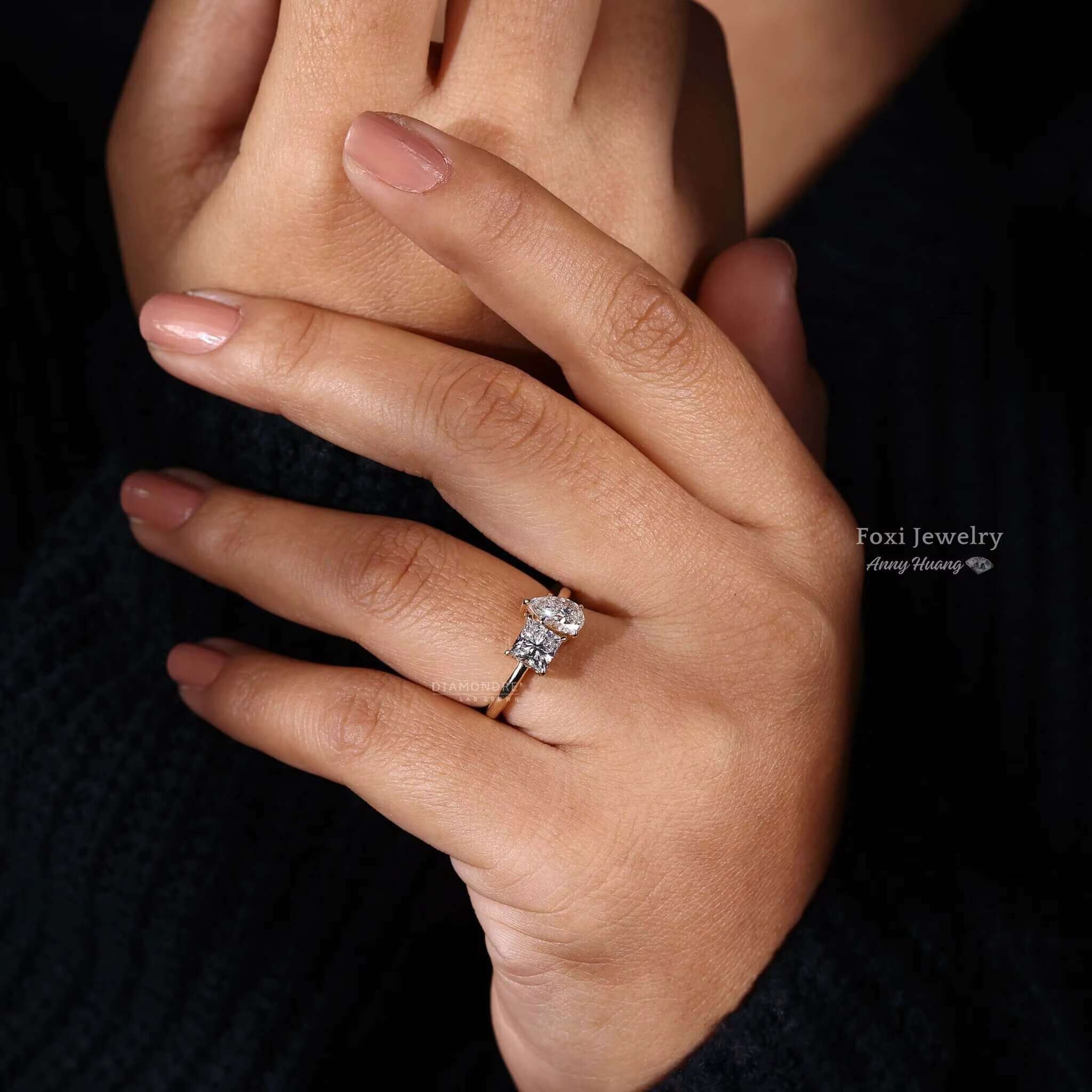 925 Sterling Silver GRA VVS Moissanite Toi Et Moi Ring 1.69 TW Pear and Princess Cut Lab Grown Diamond Engagement Ring Women