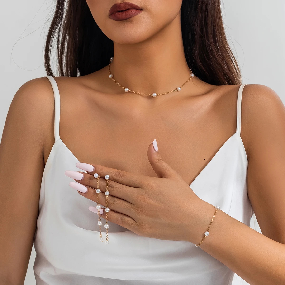 Elegant Pearl Necklace Bracelet Drop Earrings Trendy Jewelry Set for Women Choker Bangles Party Ladies Wedding 250609