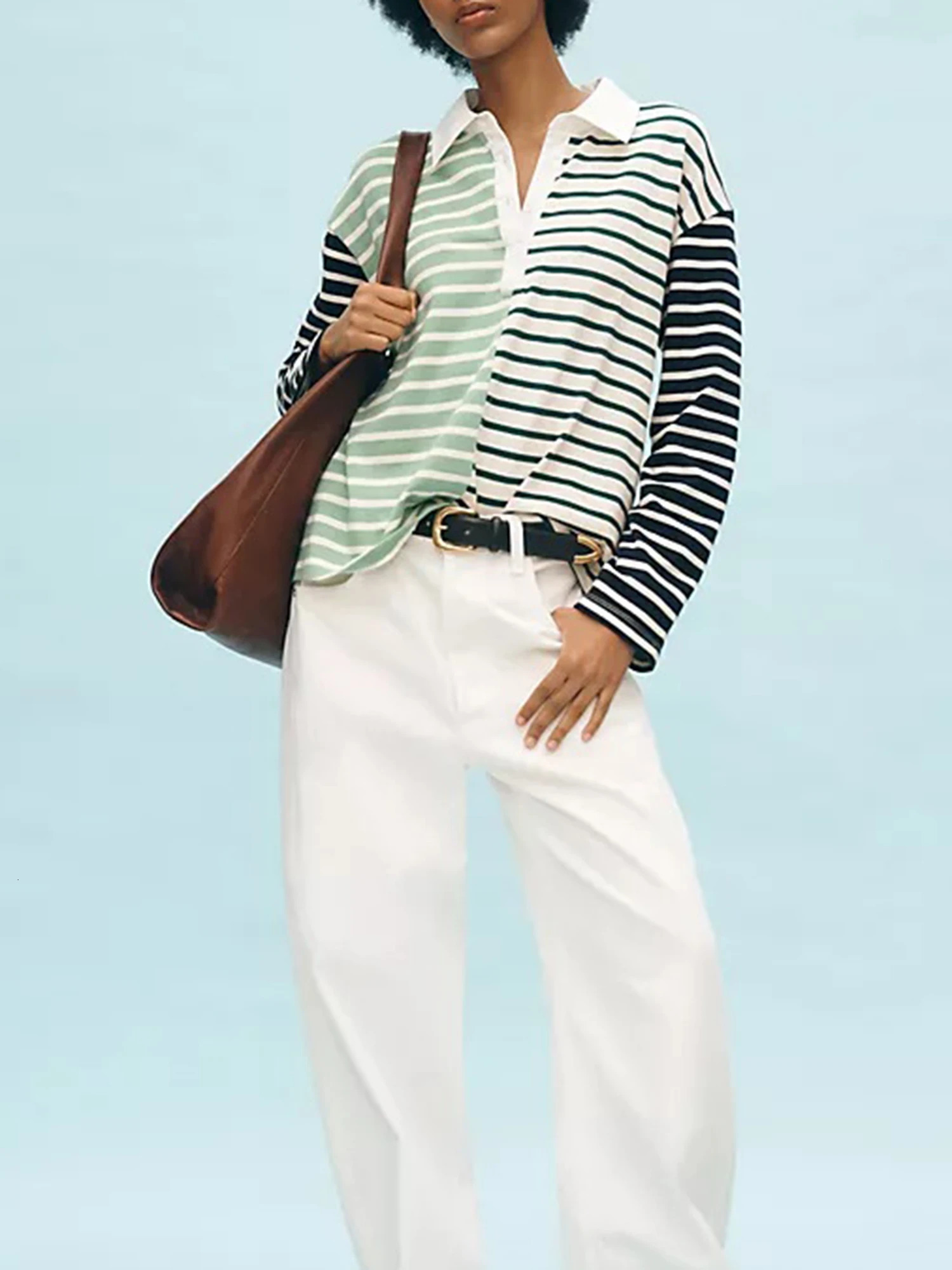 Women s Striped Blouse with Half Button Down Detail Lapel Neck and Long Sleeves - Casual Streetwear Fashion Top 250609