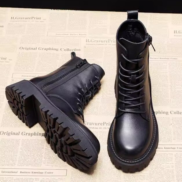 Ddmysports New Martin For Women British Style Versatile Spring And Autumn Black Single Stylish Mid Chunky Heel Motorcycle Ankle Boots Outdoor Shoes