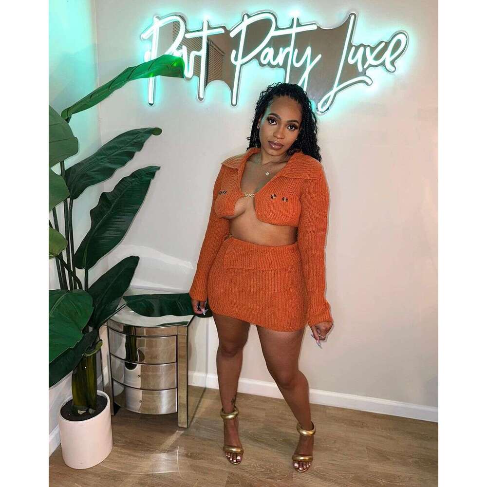 Autumn New Slim Fit Sexy Long Sleeve Jacket Top Bodycon Short Skirt Solid Color Set B5