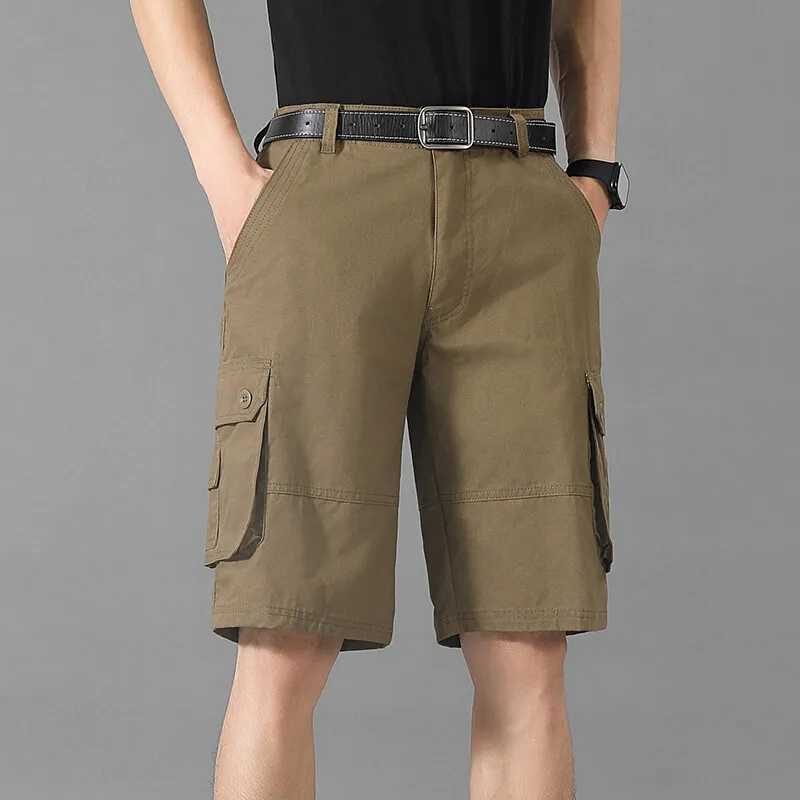Summer Safari Style Casual Shorts Men Cotton Solid Color Multiple Pockets Cargo Shorts Mens Daily Loose Knee Length Plus Size W250614