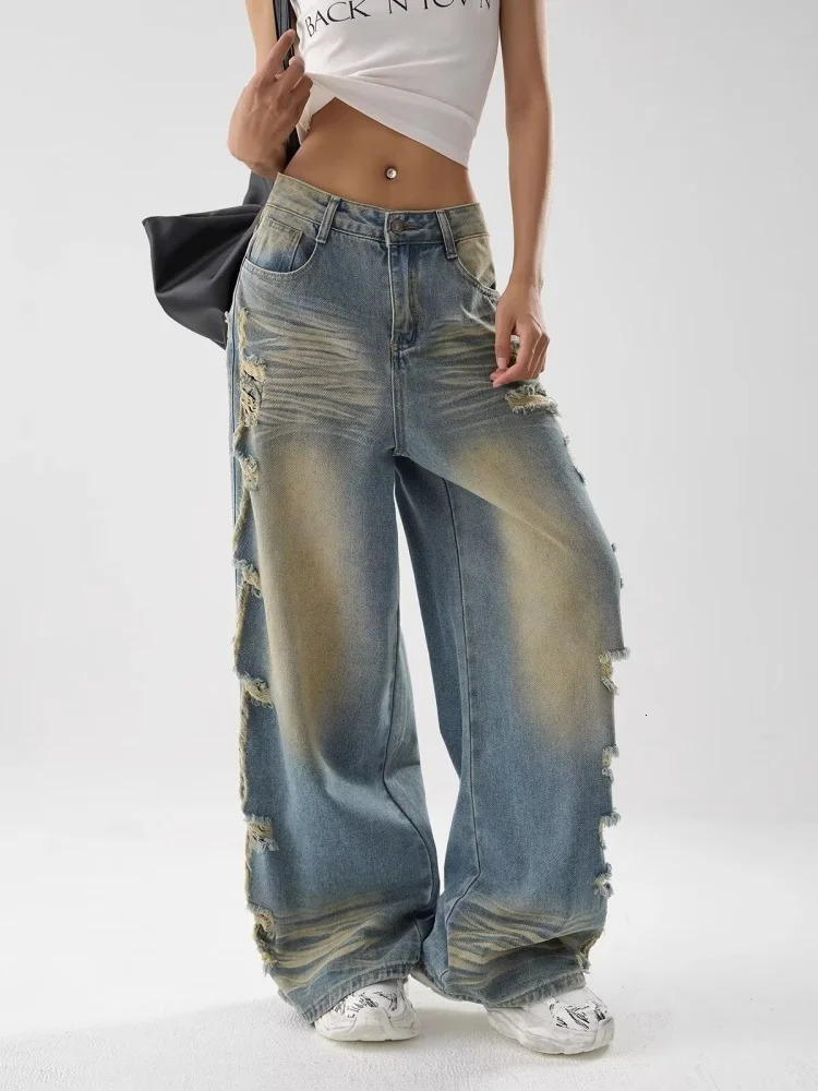 Y2K Clothing Grunge Distressed Blue Baggy Ripped Stacked Jeans Pants For Women 90s Vintage Clothes Wide Leg Lady Denim Trousers 250612