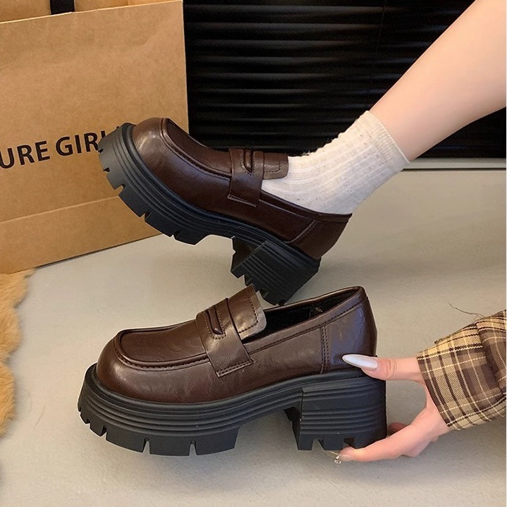 Ddmysports Platform Thick Sole Loafers For Women Spring And Autumn New French Chunky Heel Single British Style Versatile Leather Shoes Outdoor Shoes