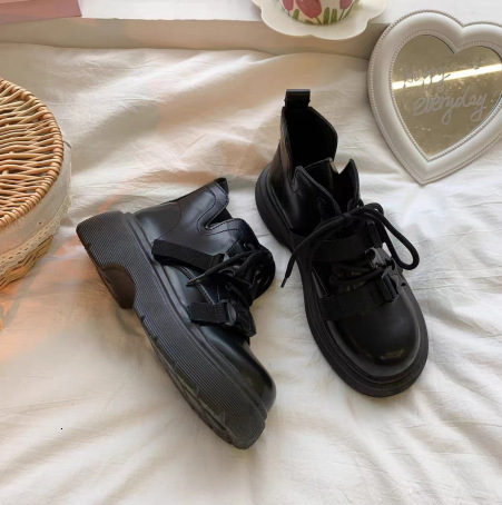 Ddmysports British Style Leather New Thick Sole Versatile Height Increasing Student Black Martin Boots Outdoor Shoes