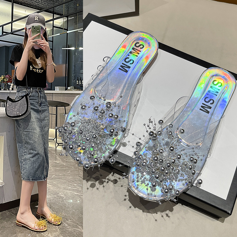 Ddmyoutdoor Shiny Silver Transparent Beaded Toe Cap Half For Women Outdoor Summer Internet Celebrity Super Popular Sandals Slippers Outdoor Shoes