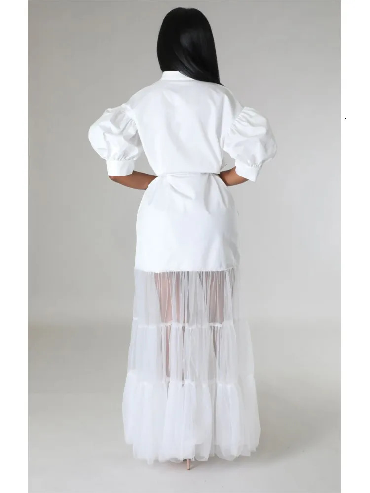 Fashionable White Lace Shirt Short Sleeve Dresses For WomenS Summer Elegant Laceup Pocket Long Dress Female 250611