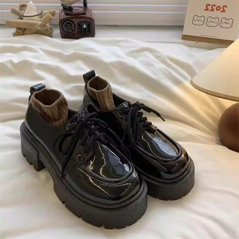 Ddmysports Spring British Style Black Thick Soled Platform Loafers For Women New Height Increasing Versatile JK Shoes Outdoor Shoes