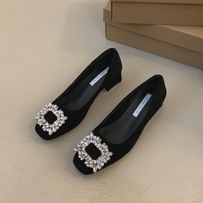 Ddmyoutdoor French Style Square Toe Women S Shoes Early Spring New Rhinestone Chunky Low Heel Slip On Shallow Mouth High Heels Outdoor Shoes