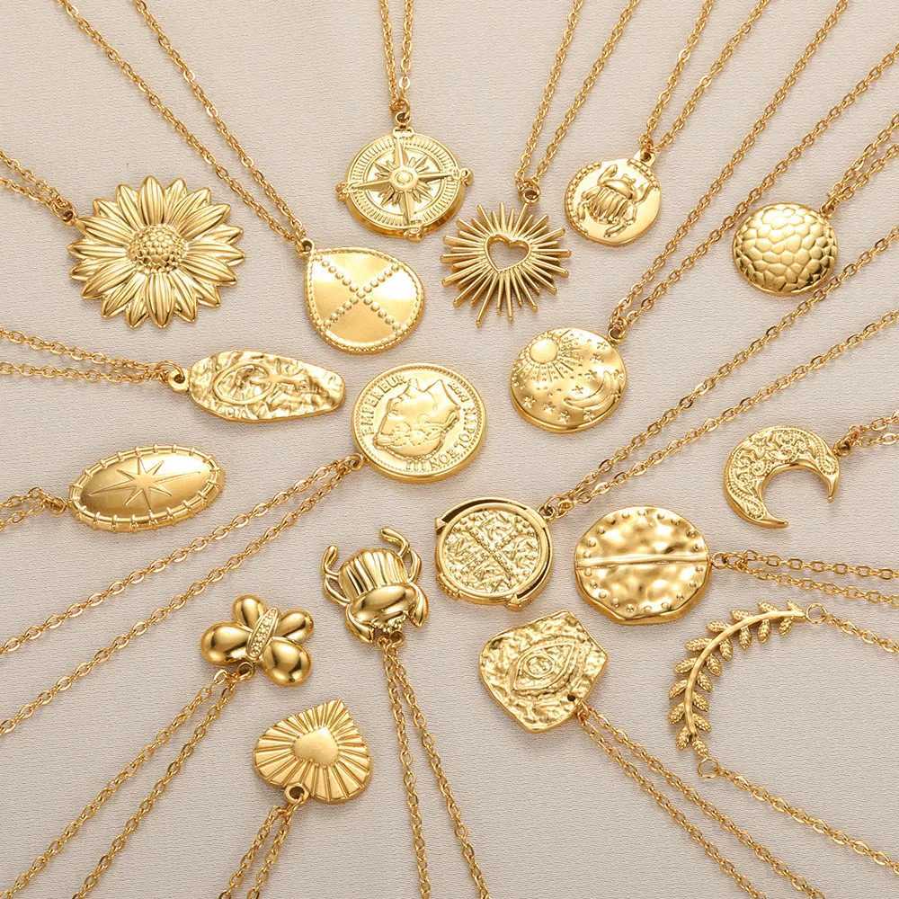 Stainless Steel Heart Pendant Necklaces For Women Fashion Butterfly Chain Geometric Round Pendant Necklace Party Gift Jewelry Z250614