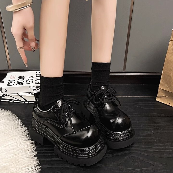 Ddmysports British Style Round Toe Thick Sole Leather New Spring Summer Lace Up Derby Shoes Petite Height Increasing Loafers Outdoor Shoes