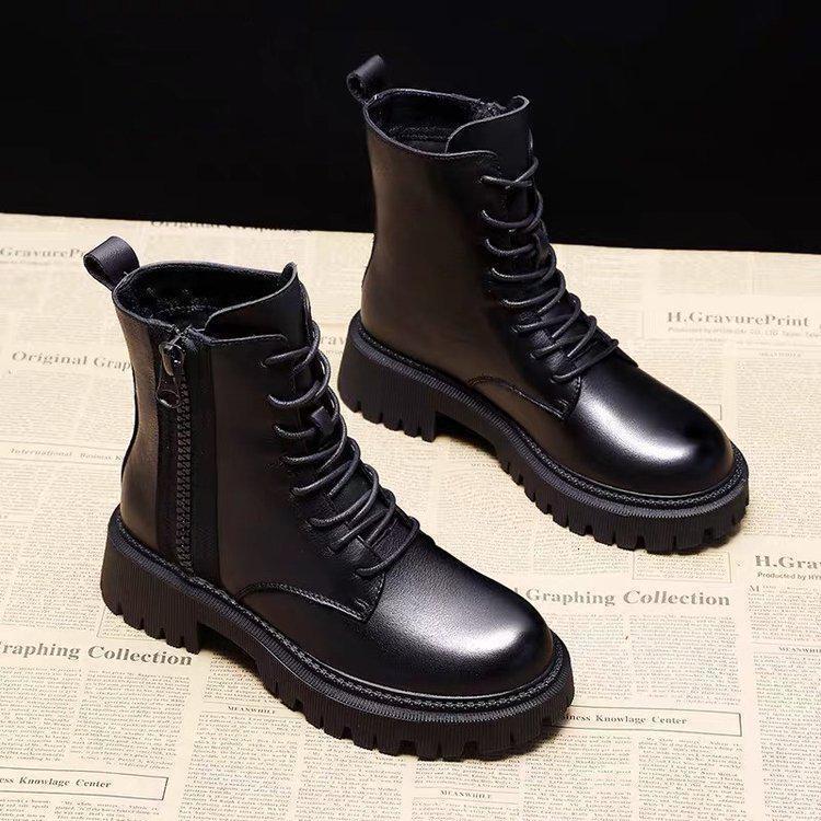 Ddmysports New Martin For Women British Style Versatile Spring And Autumn Black Single Stylish Mid Chunky Heel Motorcycle Ankle Boots Outdoor Shoes