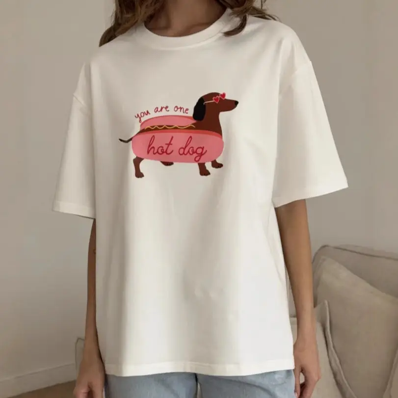 Y2K Cute Puppy Print T-Shirt - Women's Cartoon Graphic Tee, Summer Streetwear Couple Half Sleeve Casual Top