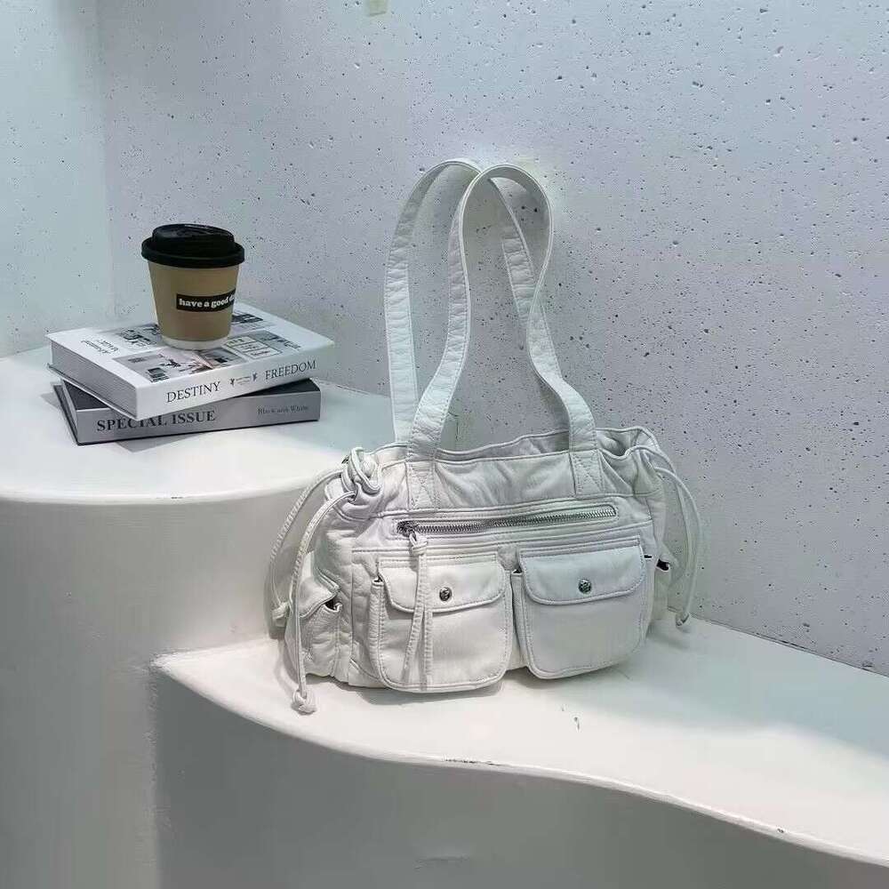 2025 New Fashion Underarm Punk Washed PU Shoulder Bag for Women Niche Design Drawstring Closure Motorcycle
