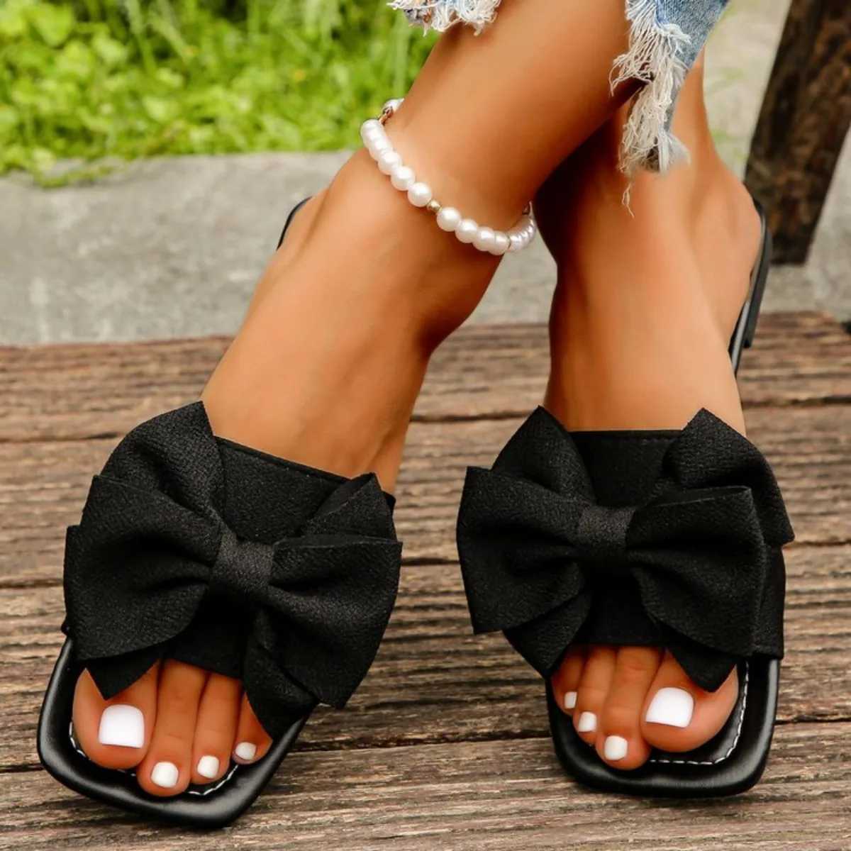Women Black Bow Decor Slide Sandals Summer Outdoor Fashion Sexy Elegant Casual Flats Office Party Non-slip Crystal Bow Tie 2025 Z250614