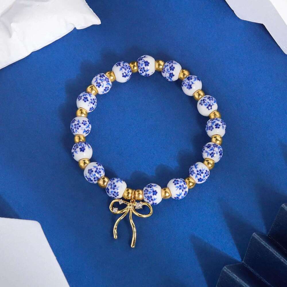 Blue and White Porcelain Beaded for Women Handmade Stretch Bracelet with Bow Charm Vintage Chinese Floral Style Jewelry Gift