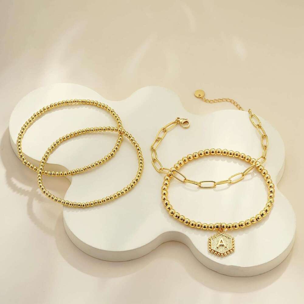 Good Girls - Gold Plated Hexagon Initial Bracelets Stackable Dainty A-Z Beaded Bracelet Letter Pendant Stretch Trendy Stack Jewelry Set for Women
