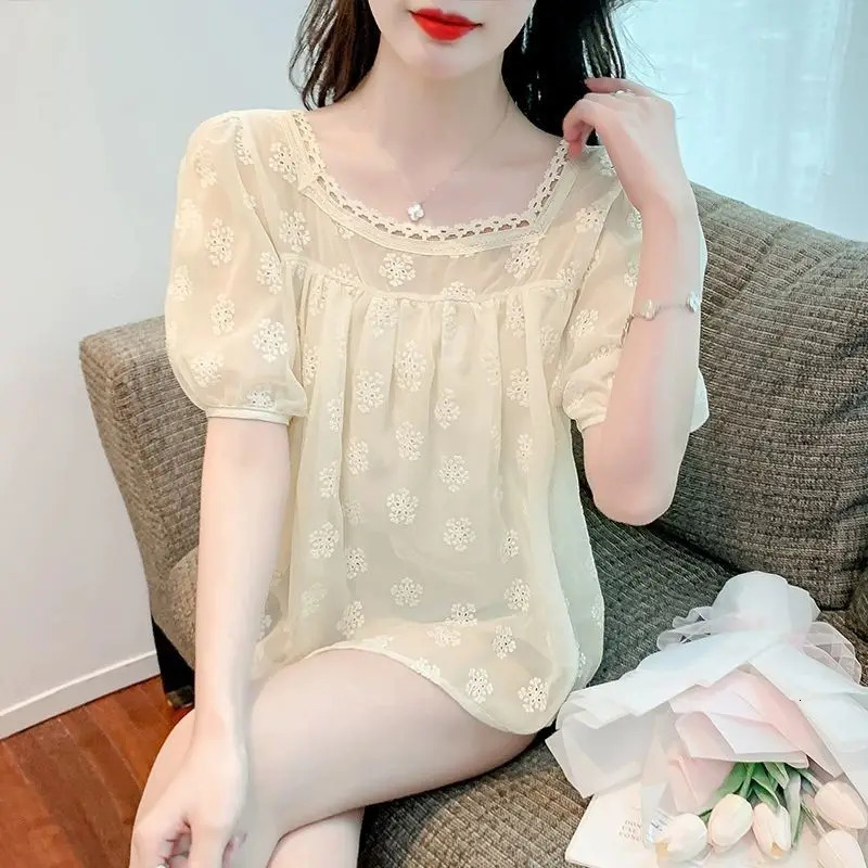 Summer Short Sleeve Chiffon Women Blouse Fashion Casual Hollow Out Shirt Square Neck Elegant Puff Sweet Tops 250614