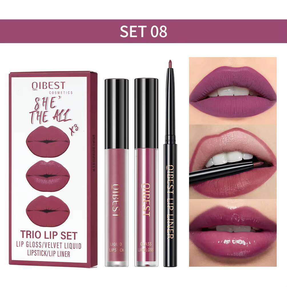 New 3pcs/set Liquid Lipstick+Lip Liner Long Lasting Cosmetic Black Brown Purple Red Matte Gloss Nude Lip Tint Stain Makeup happy