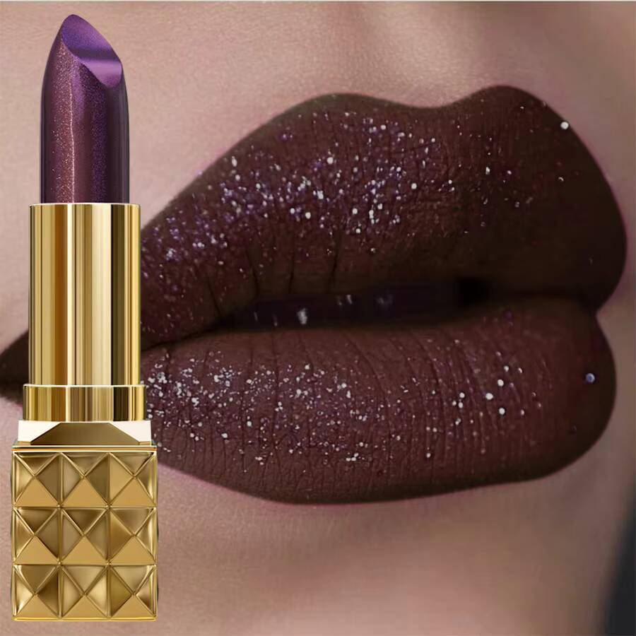 1pc Sexy Glitter Shiny Red Lipstick Pearlescent Tint, Long Lasting Senior Matte Lip Makeup Gifts for Women Metallic lip happy