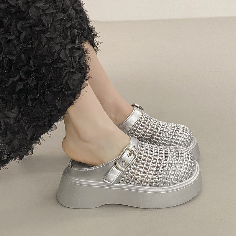 Ddmyoutdoor Platform Thick Sole Loafers New Spring Summer Versatile Woven Closed Toe Half Slippers For Petite Women Outdoor Shoes