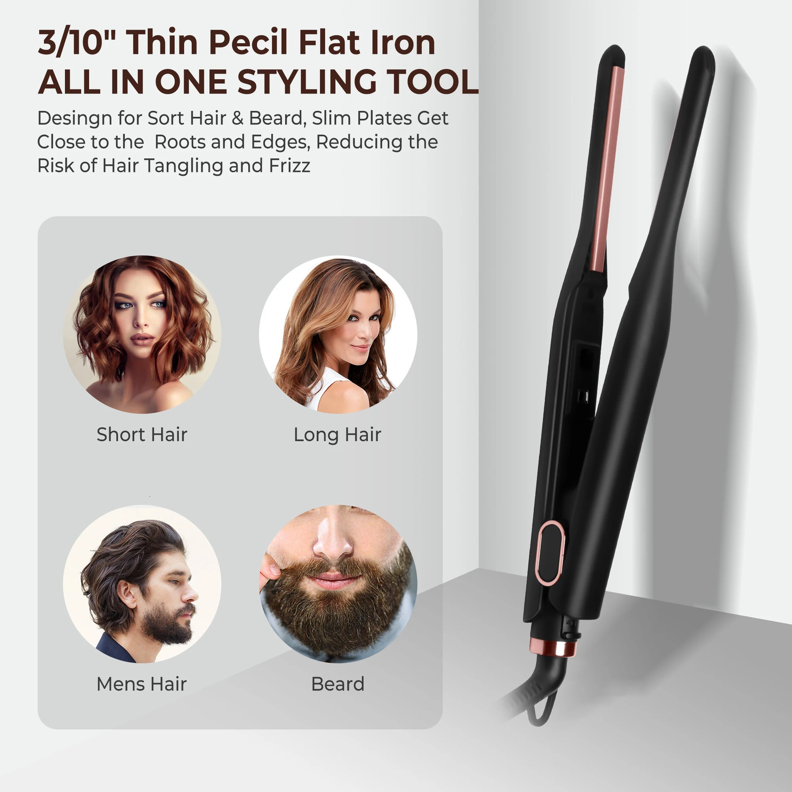 Small Flat Iron for Short Hair Temperature Adjustable Pencil Flat Iron Fast Heat Up 3/10 Inch Beard Straightening Iron 250611