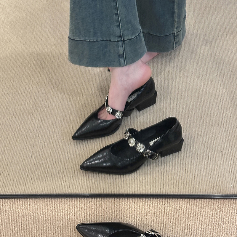 Ddmyoutdoor French Style Pointed Toe Women S With Chunky Heels New Shallow Mouth Commuter Metal Buckle White Mary Jane Shoes Outdoor Shoes
