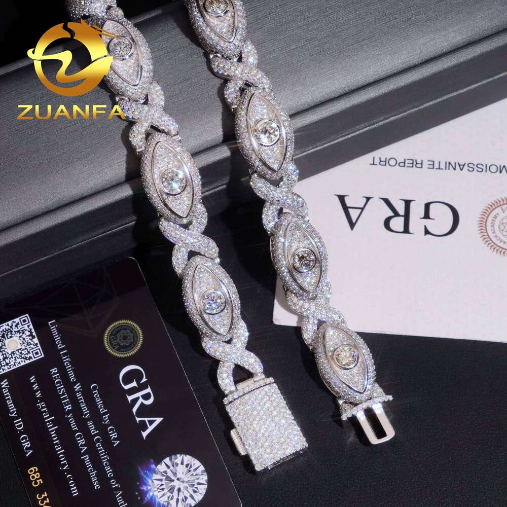 15Mm Iced Out Eye Design Sier Hip Hop Jewelry Unisex Moissanite Cuban Chain Bracelet