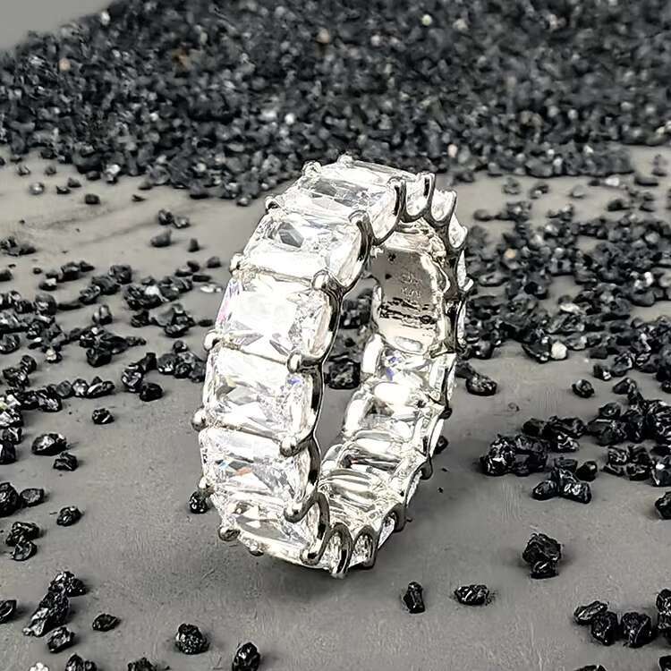 Factory Classic Fine Jewelry Rhodium Plated S925 Sterling Silver Radiant Cut Moissanite Eternity Band Ring for Women Engagement