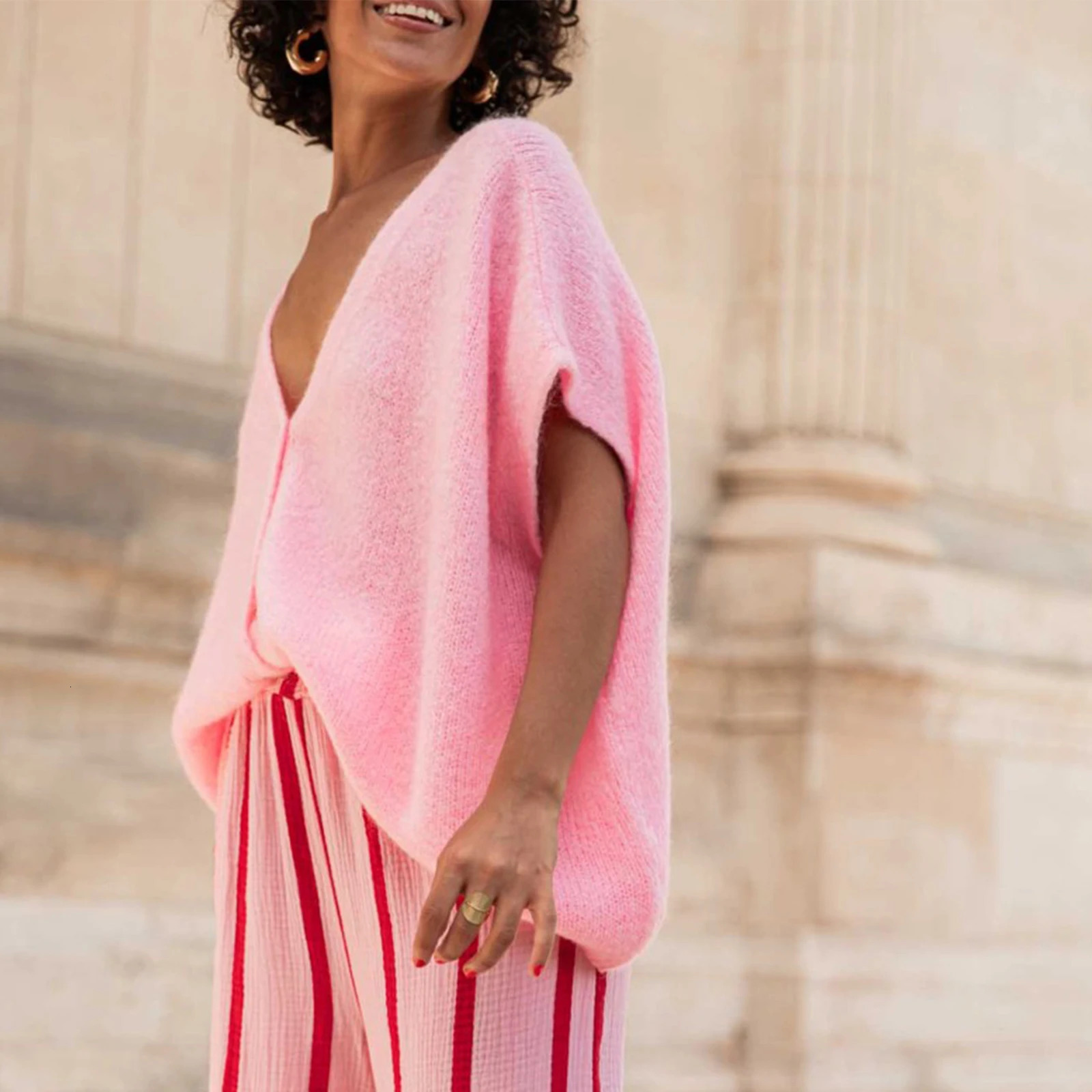 Combhasaki Womens Y2K Basic Loose Fit Short Sleeve Knitwear Cardigan Solid Color Button Down Deep VNeck Lightweight Sweaters 250612