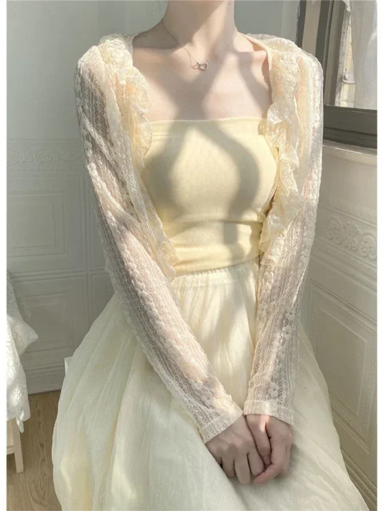 Summer Apricot Lace Belt Women Cardigan Korean Fashion Vneck Long Sleeve Cropped Tops Sweet Slim Thin Sunscreen Jacket Female 250612