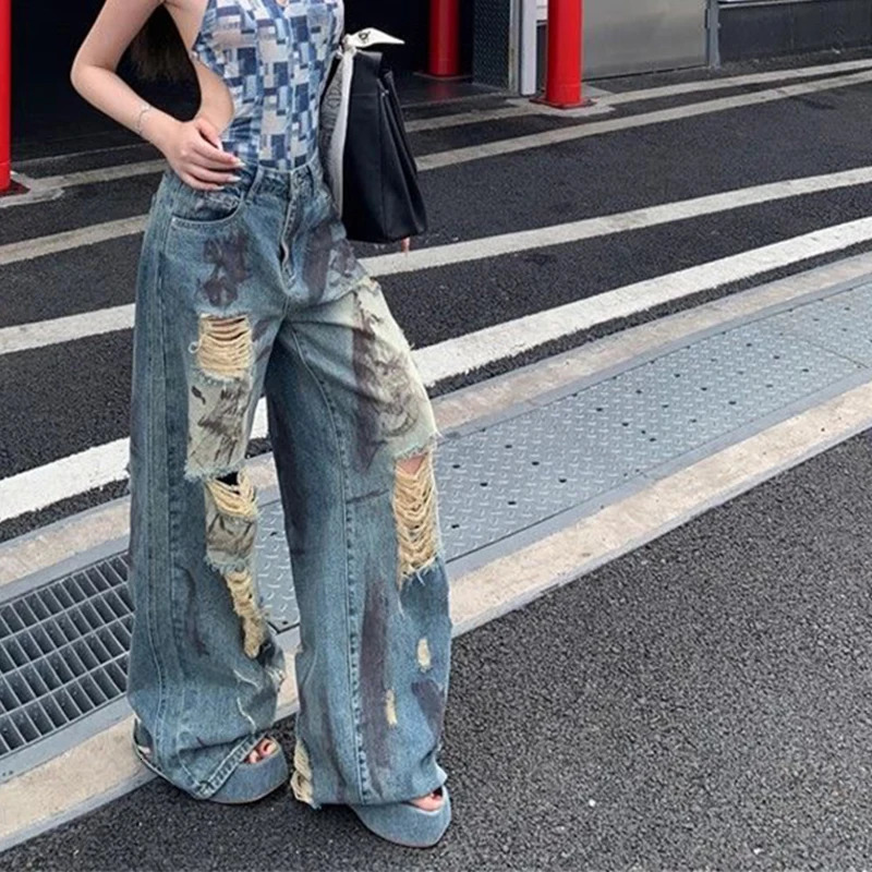 Y2K Ripped Jeans Women Vintage Streetwear Hole Wide Leg Denim Pants Harajuku Aesthetic Gyaru Baggy Straight Trousers Z260313