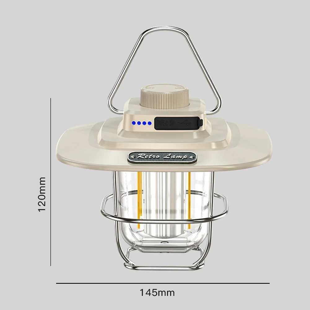 LED Camping Light Retro Hanging Tent Lamp Waterproof Type-c Charging with Hook Battery Indicator Emergency Light for Outdoor W250613